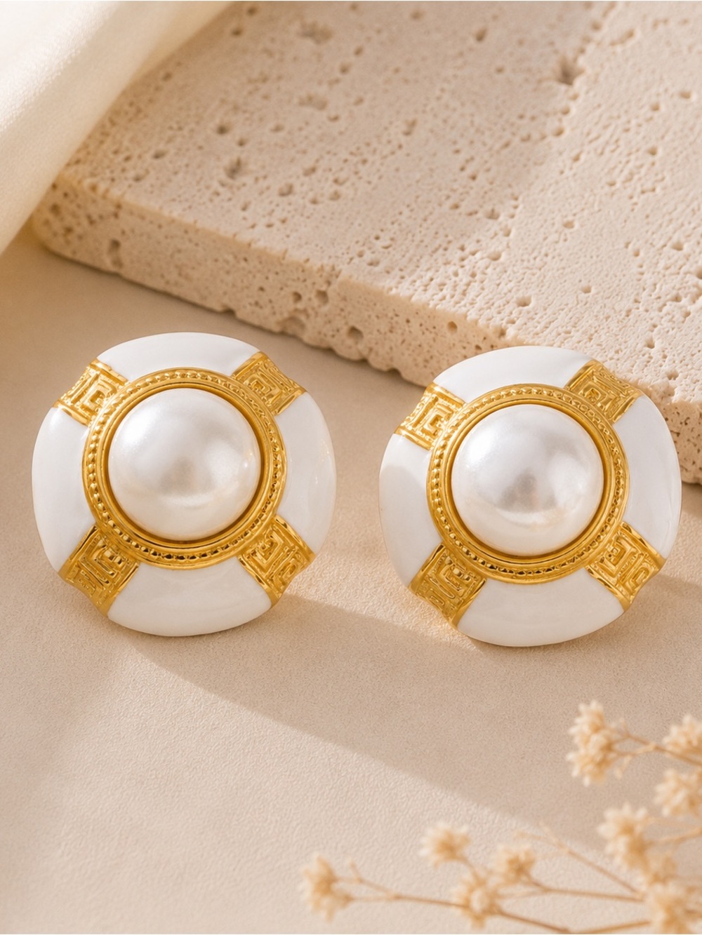 Vintage White Enamel & Pearl Stud Earrings | PVD Gold Plated Stainless Steel